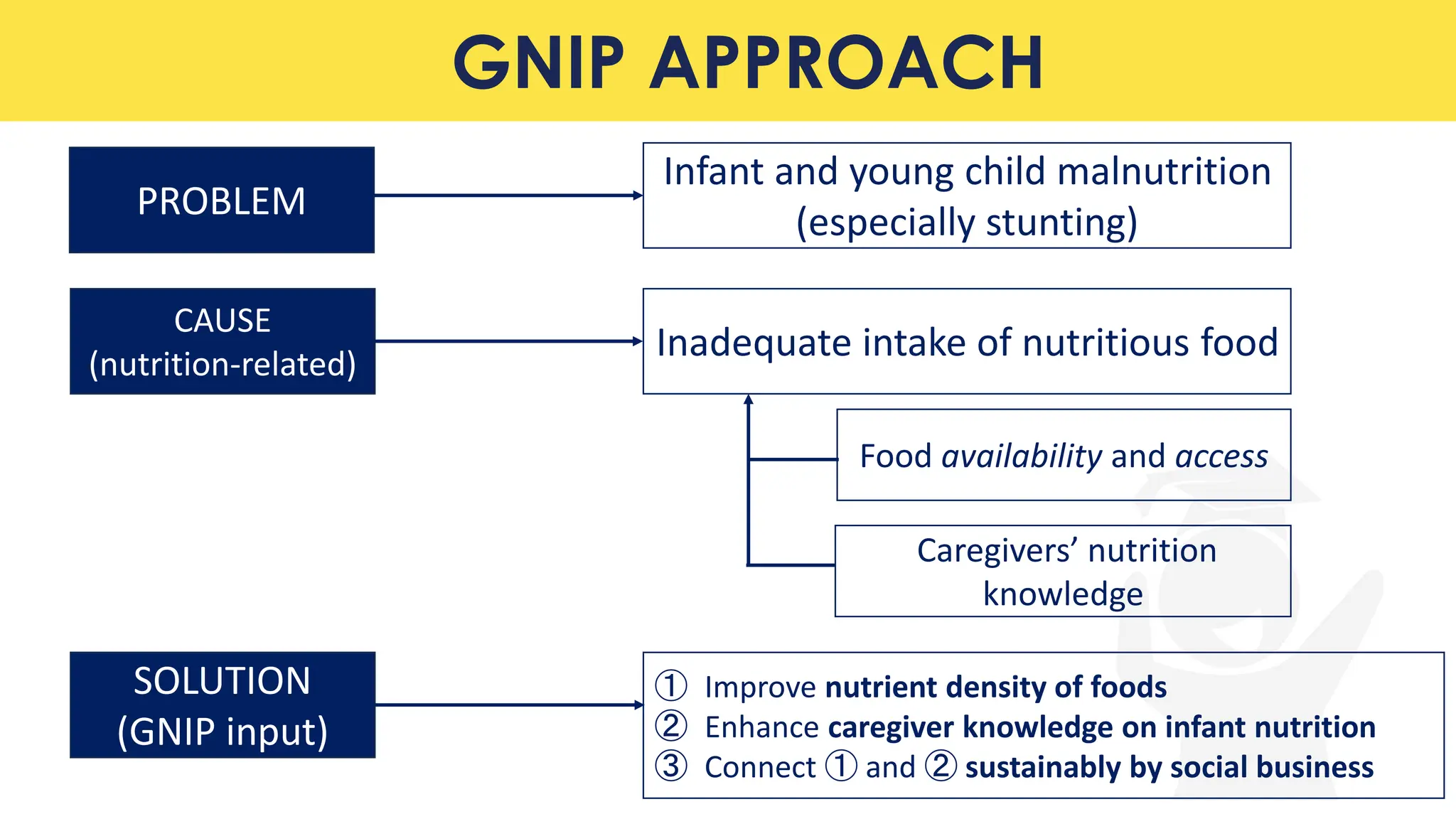 GNIP APPROACH
PROBLEM
Infant and young child malnutrition
(especially stunting)
CAUSE
(nutrition-related)
SOLUTION
(GNIP input)
Caregivers’ nutrition
knowledge
Food availability and access
Inadequate intake of nutritious food
① Improve nutrient density of foods
➁ Enhance caregiver knowledge on infant nutrition
➂ Connect ① and ➁ sustainably by social business
 