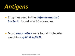    Enzymes used in the defense against
    bacteria found in WBCs granules.


   Most reactivities were found molecular
    weights ≈29kD & l4OkD.



             Methodological update ANCA.mht
 