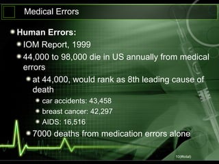 10(#total)
Medical Errors
Human Errors:
IOM Report, 1999
44,000 to 98,000 die in US annually from medical
errors
at 44,000, would rank as 8th leading cause of
death
car accidents: 43,458
breast cancer: 42,297
AIDS: 16,516
7000 deaths from medication errors alone
 