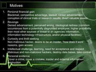 Motives
1. Personal financial gain
Blackmail, competitive advantage, lawsuit, career advancement,
corruption of clinical trials or research results, divert valuable assets
2. Revenge
Denied advancement, perceived wrong, ideological redress (common
occurrences from a potentially disgruntled employee; higher probability
then most other sources of threat to an agencies information,
information technology infrastructure, and/or physical facilities)
3. Curiosity and thrill seeking
Non-malicious hacker, desire to be an insider, “how does it work”
reasons, gain access
4. Intellectual challenge, learning, need for acceptance and respect
Malicious and non-malicious hackers, destroy data bases, take control
5. Personal evidence
Cover a crime, cover a mistake, insider and external information
destruction
 