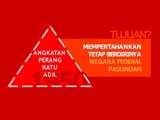 MEMPERTAHANKAN
TETAP BERDIRINYA
NEGARA FEDERAL
PASUNDAN
1950
ANGKATAN
PERANG
RATU
ADIL
TUJUAN?
 