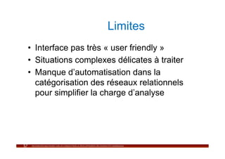 Limites
•  Interface pas très « user friendly »
•  Situations complexes délicates à traiter
•  Manque d’automatisation dans la
   catégorisation des réseaux relationnels
   pour simplifier la charge d’analyse
 
