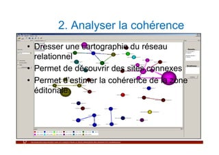 2. Analyser la cohérence
•  Dresser une cartographie du réseau
   relationnel
•  Permet de découvrir des sites connexes
•  Permet d’estimer la cohérence de la zone
   éditoriale
 