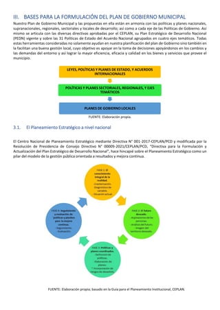 III. BASES PARA LA FORMULACIÓN DEL PLAN DE GOBIERNO MUNICIPAL
Nuestro Plan de Gobierno Municipal y las propuestas en ella están en armonía con las políticas y planes nacionales,
supranacionales, regionales, sectoriales y locales de desarrollo; así como a cada eje de las Políticas de Gobierno. Así
mismo se articula con las diversas directivas aprobadas por el CEPLAN, su Plan Estratégico de Desarrollo Nacional
(PEDN) vigente y sobre las 31 Políticas de Estado del Acuerdo Nacional agrupados en cuatro ejes temáticos. Todas
estas herramientas consideradas no solamente ayudan en nuestra planificación del plan de Gobierno sino también en
la facilitan una buena gestión local, cuyo objetivo es apoyar en la toma de decisiones apoyándonos en los cambios y
las demandas del entorno y así lograr la mayor eficiencia, eficacia y calidad en los bienes y servicios que provee el
municipio.
FUENTE: Elaboración propia.
3.1. El Planeamiento Estratégico a nivel nacional
El Centro Nacional de Planeamiento Estratégico mediante Directiva N° 001-2017-CEPLAN/PCD y modificada por la
Resolución de Presidencia de Consejo Directivo N° 00009-2021/CEPLAN/PCD, “Directiva para la Formulación y
Actualización del Plan Estratégico de Desarrollo Nacional”, hace hincapié sobre el Planeamiento Estratégico como un
pilar del modelo de la gestión pública orientada a resultados y mejora continua.
FUENTE: Elaboración propia; basado en la Guía para el Planeamiento Institucional, CEPLAN.
LEYES, POLÍTICAS Y PLANES DE ESTADO, Y ACUERDOS
INTERNACIONALES
POLÍTICAS Y PLANES SECTORIALES, REGIONALES, Y EJES
TEMÁTICOS
PLANES DE GOBIERNO LOCALES
 