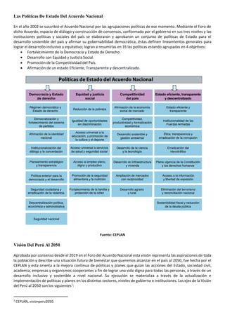 Las Políticas De Estado Del Acuerdo Nacional
En el año 2002 se suscribió el Acuerdo Nacional por las agrupaciones políticas de ese momento. Mediante el Foro de
dicho Acuerdo, espacio de diálogo y construcción de consensos, conformado por el gobierno en sus tres niveles y las
instituciones políticas y sociales del país se elaboraron y aprobaron un conjunto de políticas de Estado para el
desarrollo sostenible del país y afirmar su gobernabilidad democrática, éstas definen lineamientos generales para
lograr el desarrollo inclusivo y equitativo; logran a resumirlas en 35 las políticas estando agrupadas en 4 objetivos:
• Fortalecimiento de la Democracia y Estado de Derecho.
• Desarrollo con Equidad y Justicia Social.
• Promoción de la Competitividad del País.
• Afirmación de un estado Eficiente, Transparente y descentralizado.
Fuente: CEPLAN
Visión Del Perú Al 2050
Aprobada por consenso desde el 2019 en el Foro del Acuerdo Nacional esta visión representa las aspiraciones de toda
la población y describe una situación futura de bienestar que queremos alcanzar en el país al 2050, fue hecha por el
CEPLAN y esta orienta a la mejora continua de políticas y planes que guían las acciones del Estado, sociedad civil,
academia, empresas y organismos cooperantes a fin de lograr una vida digna para todas las personas, a través de un
desarrollo inclusivo y sostenible a nivel nacional. Su ejecución se materializa a través de la actualización e
implementación de políticas y planes en los distintos sectores, niveles de gobierno e instituciones. Los ejes de la Visión
del Perú al 2050 son los siguientes1
:
1
CEPLAN, visionperu2050.
 