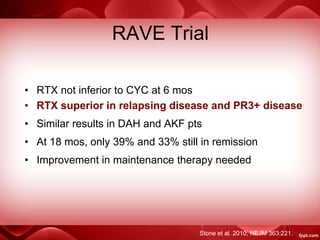 RAVE Trial
• RTX not inferior to CYC at 6 mos
• RTX superior in relapsing disease and PR3+ disease
• Similar results in DAH and AKF pts
• At 18 mos, only 39% and 33% still in remission
• Improvement in maintenance therapy needed
Stone et al. 2010; NEJM 363:221.
 