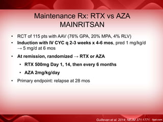 Maintenance Rx: RTX vs AZA
MAINRITSAN
Guillevan et al. 2014; NEJM 371:1771.
• RCT of 115 pts with AAV (76% GPA, 20% MPA, 4% RLV)
• Induction with IV CYC q 2-3 weeks x 4-6 mos, pred 1 mg/kg/d
→ 5 mg/d at 6 mos
• At remission, randomized → RTX or AZA
• RTX 500mg Day 1, 14, then every 6 months
• AZA 2mg/kg/day
• Primary endpoint: relapse at 28 mos
 
