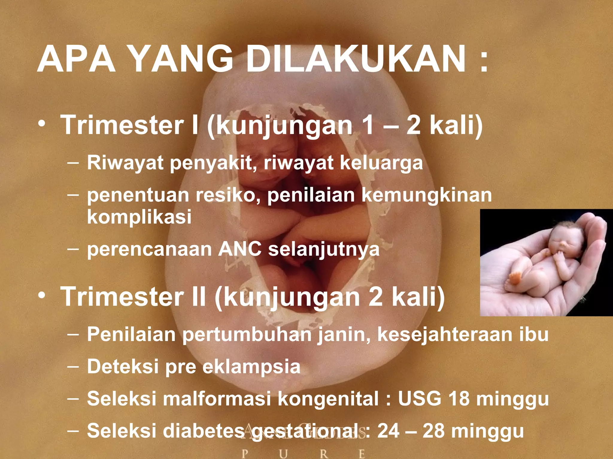 APA YANG DILAKUKAN :
• Trimester I (kunjungan 1 – 2 kali)
– Riwayat penyakit, riwayat keluarga
– penentuan resiko, penilaian kemungkinan
komplikasi
– perencanaan ANC selanjutnya
• Trimester II (kunjungan 2 kali)
– Penilaian pertumbuhan janin, kesejahteraan ibu
– Deteksi pre eklampsia
– Seleksi malformasi kongenital : USG 18 minggu
– Seleksi diabetes gestational : 24 – 28 minggu
 