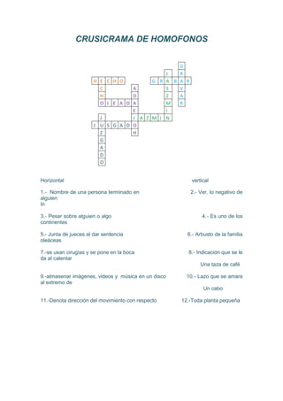 CRUSICRAMA DE HOMOFONOS


                                                       G
                                                   J   R
                       H E C H O               G R A B A R
                         C         A               S   V
                         H         D               Z   A
                         O J E A D A               M   R
                                   E               I
                         J         J       A Z M I N
                       J U S G A D O
                         Z         H
                         G
                         A
                         D
                         O


Horizontal                                                   vertical

1.- Nombre de una persona terminado en                       2.- Ver, lo negativo de
alguien
In

3.- Pesar sobre alguien o algo                                    4.- Es uno de los
continentes

5.- Junta de jueces al dar sentencia                     6.- Arbusto de la familia
oleáceas

7.-se usan cirugías y se pone en la boca                 8.- Indicación que se le
da al calentar
                                                                 Una taza de café

9.-almasenar imágenes, videos y música en un disco       10.- Lazo que se amara
al extremo de
                                                                  Un cabo

11.-Denota dirección del movimiento con respecto       12.-Toda planta pequeña
 