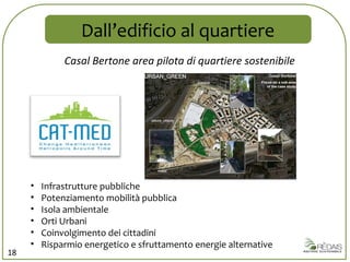 Dall’edificio al quartiere Casal Bertone area pilota di quartiere sostenibile Infrastrutture pubbliche Potenziamento mobilità pubblica Isola ambientale Orti Urbani Coinvolgimento dei cittadini Risparmio energetico e sfruttamento energie alternative 18 
