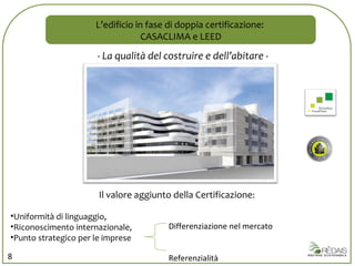 L’edificio in fase di doppia certificazione:  CASACLIMA e LEED - La qualità del costruire e dell’abitare - Il valore aggiunto della Certificazione : Uniformità di linguaggio,  Riconoscimento internazionale,  Punto strategico per le imprese Differenziazione nel mercato Referenzialità 8 