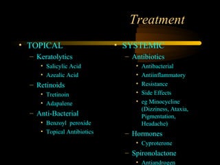 Treatment
• TOPICAL                    • SYSTEMIC
  – Keratolytics               – Antibiotics
     • Salicylic Acid             •   Antibacterial
     • Azealic Acid               •   Antiinflammatory
  – Retinoids                     •   Resistance
     • Tretinoin                  •   Side Effects
     • Adapalene                  •   eg Minocycline
                                      (Dizziness, Ataxia,
  – Anti-Bacterial                    Pigmentation,
     • Benzoyl peroxide               Headache)
     • Topical Antibiotics     – Hormones
                                  • Cyproterone
                               – Spironolactone
                                  • Antiandrogen
 