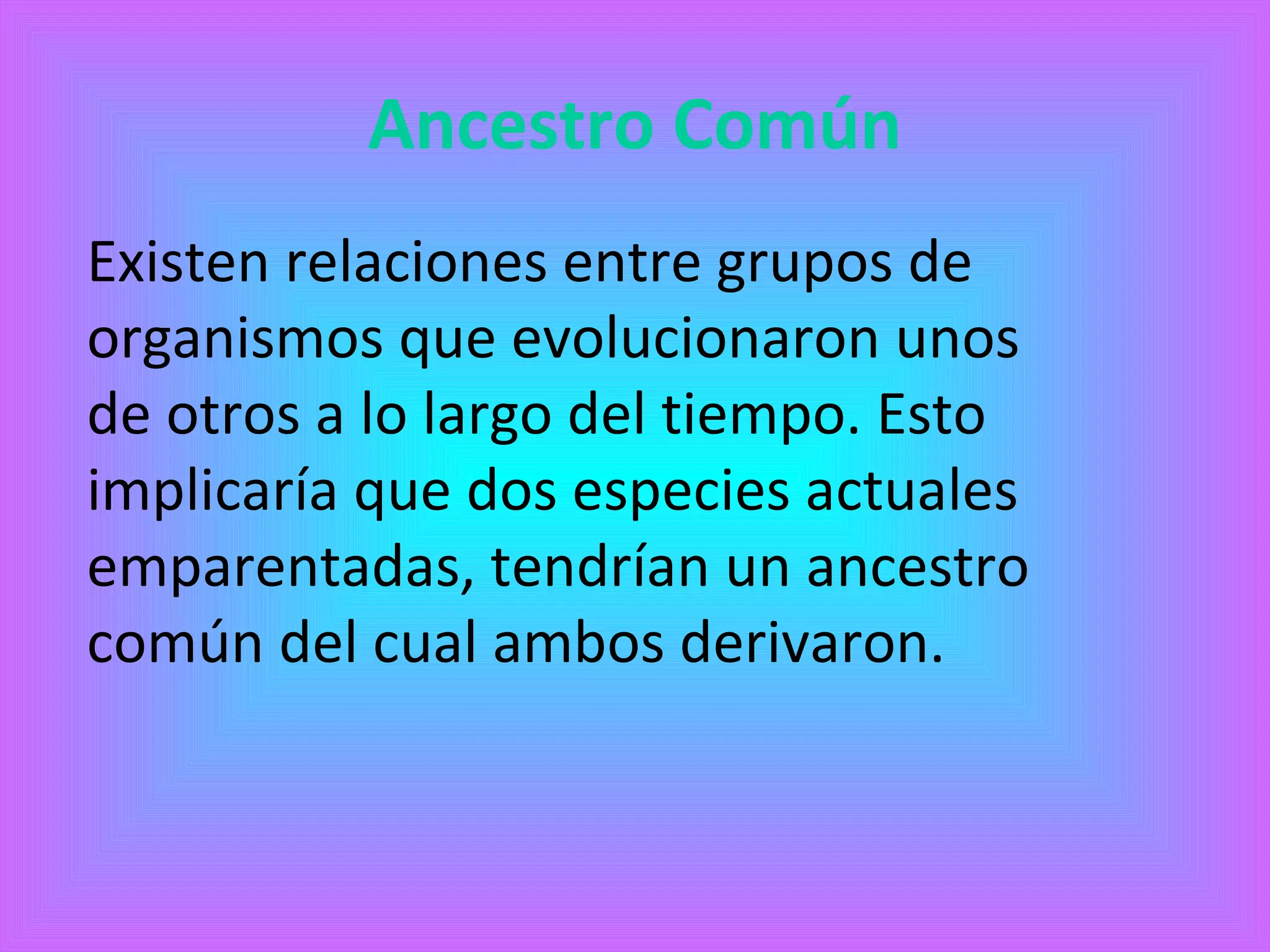 Ancestro Común 
Existen relaciones entre grupos de 
organismos que evolucionaron unos 
de otros a lo largo del tiempo. Esto 
implicaría que dos especies actuales 
emparentadas, tendrían un ancestro 
común del cual ambos derivaron. 
 