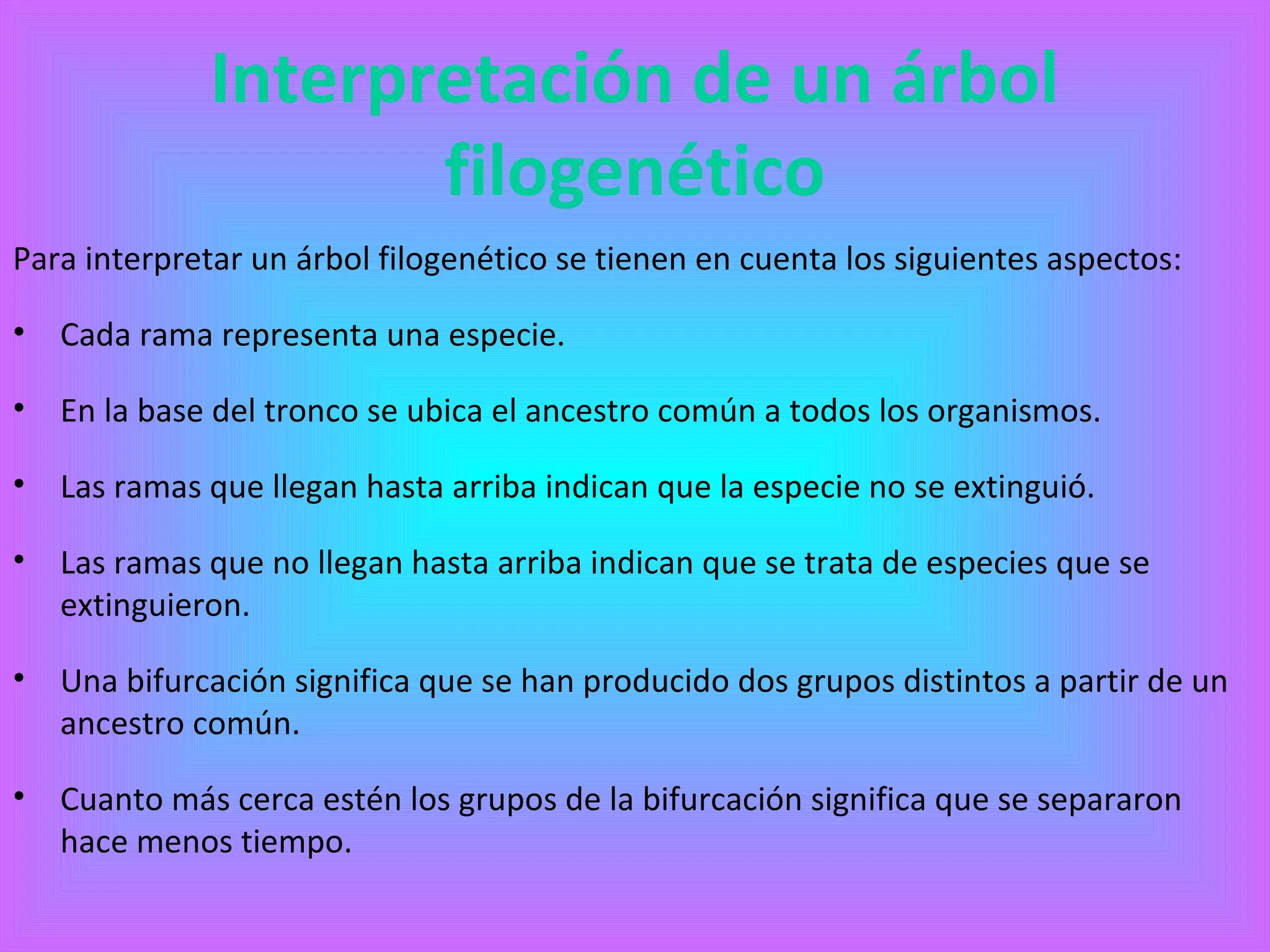 Interpretación de un árbol 
filogenético 
Para interpretar un árbol filogenético se tienen en cuenta los siguientes aspectos: 
• Cada rama representa una especie. 
• En la base del tronco se ubica el ancestro común a todos los organismos. 
• Las ramas que llegan hasta arriba indican que la especie no se extinguió. 
• Las ramas que no llegan hasta arriba indican que se trata de especies que se 
extinguieron. 
• Una bifurcación significa que se han producido dos grupos distintos a partir de un 
ancestro común. 
• Cuanto más cerca estén los grupos de la bifurcación significa que se separaron 
hace menos tiempo. 
 