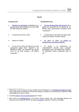 Comparativa de bases de datos en línea


                                                 Perfil

 Ancestry.com                                            FamilySearch.org

 •      Empresa de genealogía propiedad de un            •       Servicio de genealogía internacional de la
     grupo inversor que la adquirió en el año 2007           Iglesia de Jesucristo de los Santos de los
     por 300 millones de dólares.                            Últimos Días, comunmente conocidos como
                                                                            1
                                                             “mormones”.

 •      Su sede está en Provo, Utah.                     •      Su sede está en Salt Lake City, Utah; pero
                                                             cuenta con filiales en todo el mundo.

 •      Opera en la bolsa.                               •      No opera en bolsa, su trabajo           se
                                                             fundamenta en principios religiosos.

 •      Es uno de los sitios de Internet que más         •      El    acceso    a la    información     es
     suscriptores pagos tiene, llegando a los                completamente gratuito para cualquier
     900.000 en 2007, con aranceles que oscilan              investigador, sea o no miembro de la iglesia.
     entre los 10 euros anuales y 25 dólares                 No contempla límites temporales para su
                 2                                                3
     mensuales.                                              uso.




1 Desde hace un par de años se conoce también como FamilySearch a la Sociedad Genealógica de Utah,
  que ha sido quien ha realizado (y continúa haciéndolo) el trabajo de microfilmación de registros vitales
  y genealógicos de todo el mundo.

2 Se puede probar el servicio gratuitamente por 14 días.

3 Sitio oficial de FamilySearch.org, Free Family History, Family Tree, and Genealogy Records and
  Resources from Around the World. Ver página en español mediante el Traductor de Google.

                                                     3
 