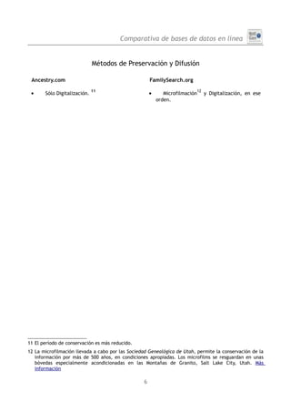 Comparativa de bases de datos en línea


                              Métodos de Preservación y Difusión

 Ancestry.com                                         FamilySearch.org
                              11                                              12
 •     Sólo Digitalización.                           •      Microfilmación        y Digitalización, en ese
                                                          orden.




11 El período de conservación es más reducido.
12 La microfilmación llevada a cabo por las Sociedad Genealógica de Utah, permite la conservación de la
   información por más de 500 años, en condiciones apropiadas. Los microfilms se resguardan en unas
   bóvedas especialmente acondicionadas en las Montañas de Granito, Salt Lake City, Utah. Más
   información

                                                  6
 