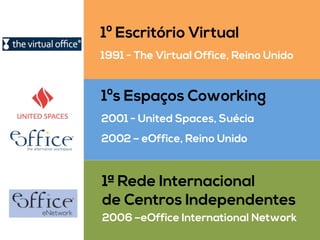 1º Escritório Virtual
1991 - The Virtual Office, Reino Unido	
  
1ºs Espaços Coworking
2001 - United Spaces, Suécia
2002 – eOffice, Reino Unido	
  
1ª Rede Internacional
de Centros Independentes
2006 –eOffice International Network	
  
 