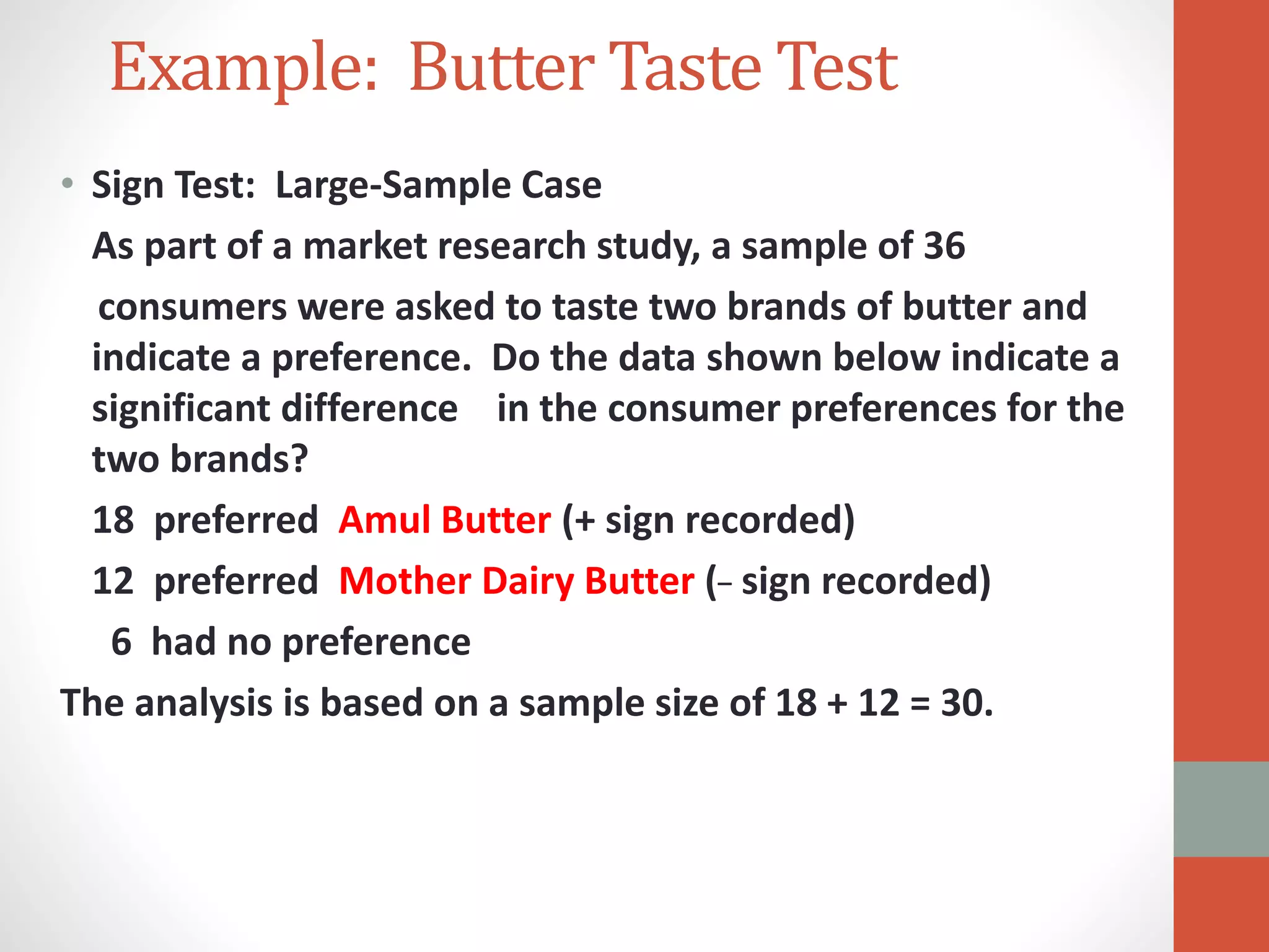 Example: Butter Taste Test
• Sign Test: Large-Sample Case
As part of a market research study, a sample of 36
consumers were asked to taste two brands of butter and
indicate a preference. Do the data shown below indicate a
significant difference in the consumer preferences for the
two brands?
18 preferred Amul Butter (+ sign recorded)
12 preferred Mother Dairy Butter (_ sign recorded)
6 had no preference
The analysis is based on a sample size of 18 + 12 = 30.
 