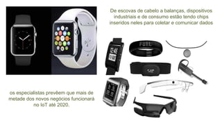 De escovas de cabelo a balanças, dispositivos
industriais e de consumo estão tendo chips
inseridos neles para coletar e comunicar dados
os especialistas prevêem que mais de
metade dos novos negócios funcionará
no IoT até 2020.
 