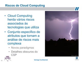 Riscos de Cloud Computing


     •  Cloud Computing
        herda vários riscos
        associados às
        tecnologias que utiliza
     •  Conjunto específico de
        atributos que tornam a
        análise de riscos mais
        complexa
        •  Novos paradigmas
        •  Detalhes obscuros do
           CSP                                      fonte: sxc.hu!



16                          Verisign Confidential
 