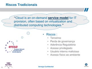 Riscos Tradicionais


           “Cloud is an on-demand service model for IT
           provision, often based on virtualization and
           distributed computing technologies.”!


                                   •  Riscos :
                                         •    Terceiros
                                         •    Perda de governança
                                         •    Aderência Regulatória
                                         •    Acesso privilegiado
                                         •    Usuário interno malicioso
                                         •    Acesso físico ao ambiente



 18!
18                           Verisign Confidential
 