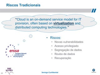 Riscos Tradicionais


           “Cloud is an on-demand service model for IT
           provision, often based on virtualization and
           distributed computing technologies.”!


                                   •  Riscos:
                                         •    Novas vulnerabilidades
                                         •    Acesso privilegiado
                                         •    Segregação de dados
                                         •    Roubo de dados
                                         •    Recuperação



 20!
20                           Verisign Confidential
 