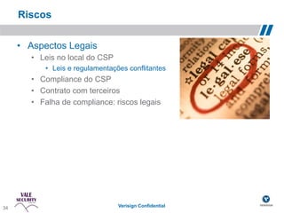 Riscos

       •  Aspectos Legais
          •  Leis no local do CSP
              •  Leis e regulamentações conflitantes
          •  Compliance do CSP
          •  Contrato com terceiros
          •  Falha de compliance: riscos legais




 34!
34                                  Verisign Confidential
 