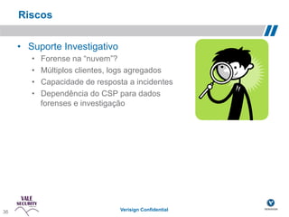 Riscos

       •  Suporte Investigativo
          •    Forense na “nuvem”?
          •    Múltiplos clientes, logs agregados
          •    Capacidade de resposta a incidentes
          •    Dependência do CSP para dados
               forenses e investigação




 36!
36                                  Verisign Confidential
 