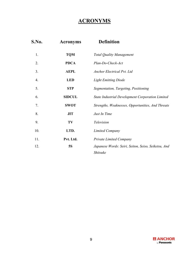 SUMMER INTERNSHIP REPORT (Anchor Electricals Pvt. Ltd.)