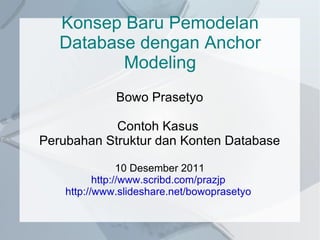 Konsep Baru Pemodelan Database dengan Anchor Modeling Bowo Prasetyo Contoh Kasus  Perubahan Struktur dan Konten Database 10 Desember 2011 http://www.scribd.com/prazjp   http://www.slideshare.net/bowoprasetyo   
