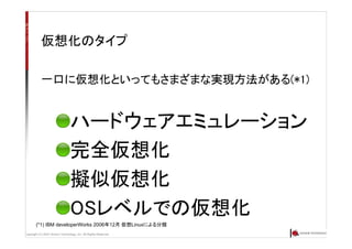 Copyright (C) 2007 Anchor Technology, Inc. All Rights Reserved.
仮想化のタイプ
一口に仮想化といってもさまざまな実現方法がある(*1)
ハードウェアエミュレーション
完全仮想化
擬似仮想化
OSレベルでの仮想化
(*1) IBM developerWorks 2006年12月 仮想Linuxによる分類
 