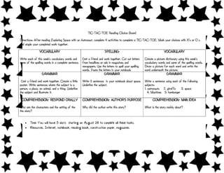 TIC-TAC-TOE Reading Choice Board
Directions: After reading Exploring Space with an Astronaut, complete 4 activities to complete a TIC-TAC-TOE. Mark your choices with X’s or O`s
and staple your completed work together.
VOCABULARY
Write each of this week’s vocabulary words and
some of the spelling words in a complete sentence.
SPELLING
Get a friend and work together. Cut out letters
from headlines or ads in magazines and
newspapers. Use the letters to spell your spelling
words. Paste the letters in your notebook.
VOCABULARY
Create a picture dictionary using this week’s
vocabulary words and some of the spelling words.
Draw a picture for each word and write the
word underneath the picture.
GRAMMAR
Get a friend and work together. Create a little
poster. Write sentences where the subject is a
person, a place, an animal, and a thing. Underline
the subject and illustrate it.
GRAMMAR
Write 5 sentences in your notebook about space.
Underline the subject.
GRAMMAR
Write a sentence using each of the following
subjects:
1. astronauts 2. giraffe 3. space
4. Machines 5. hamburger
COMPREHENSION- RESPOND ORALLY
Who are the characters and the setting of the
the story?
COMPREHENSION- AUTHOR’S PURPOSE
Why did the author write this story?
COMPREHENSION- MAIN IDEA
What is the story mainly about?
 Time: You will have 5 days starting on August 28 to complete all these tasks.
 Resources. Internet, notebook, reading book, construction paper, magazines.
 