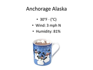 Anchorage Alaska 30°F · (°C) Wind: 3 mph N Humidity: 81% 