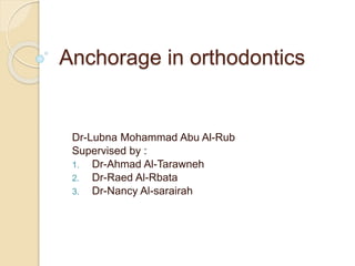 Anchorage in orthodontics
Dr-Lubna Mohammad Abu Al-Rub
Supervised by :
1. Dr-Ahmad Al-Tarawneh
2. Dr-Raed Al-Rbata
3. Dr-Nancy Al-sarairah
 
