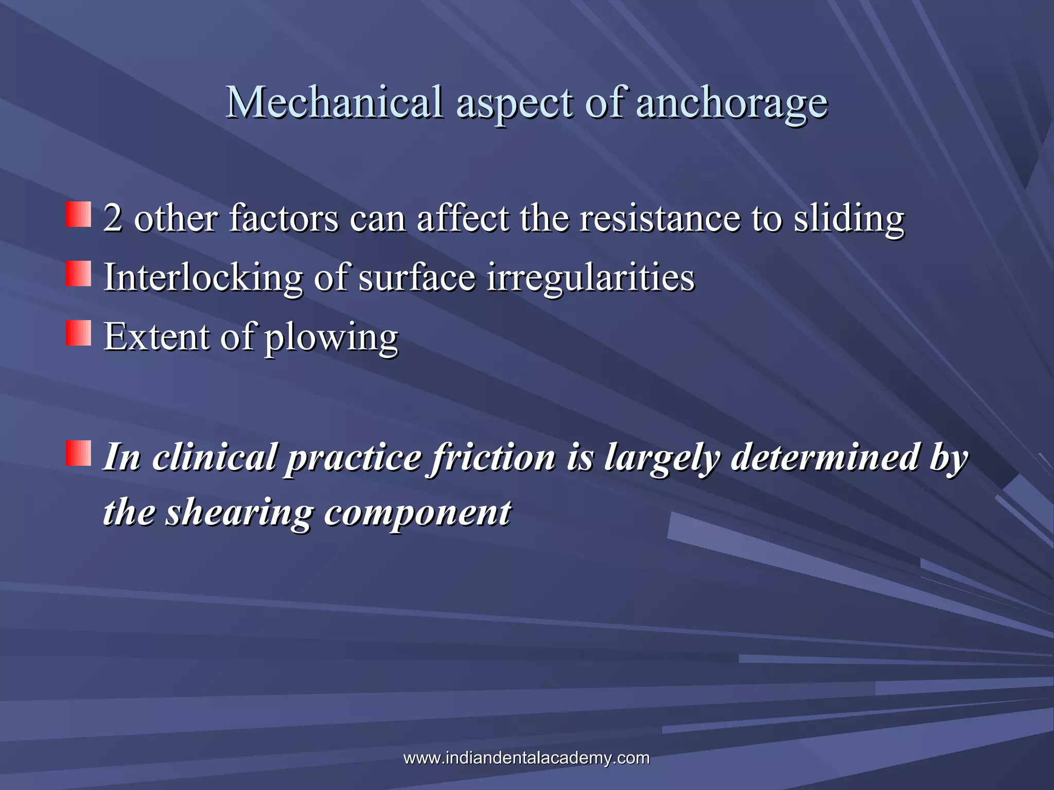 Mechanical aspect of anchorage
2 other factors can affect the resistance to sliding
Interlocking of surface irregularities
Extent of plowing
In clinical practice friction is largely determined by
the shearing component

www.indiandentalacademy.com

 