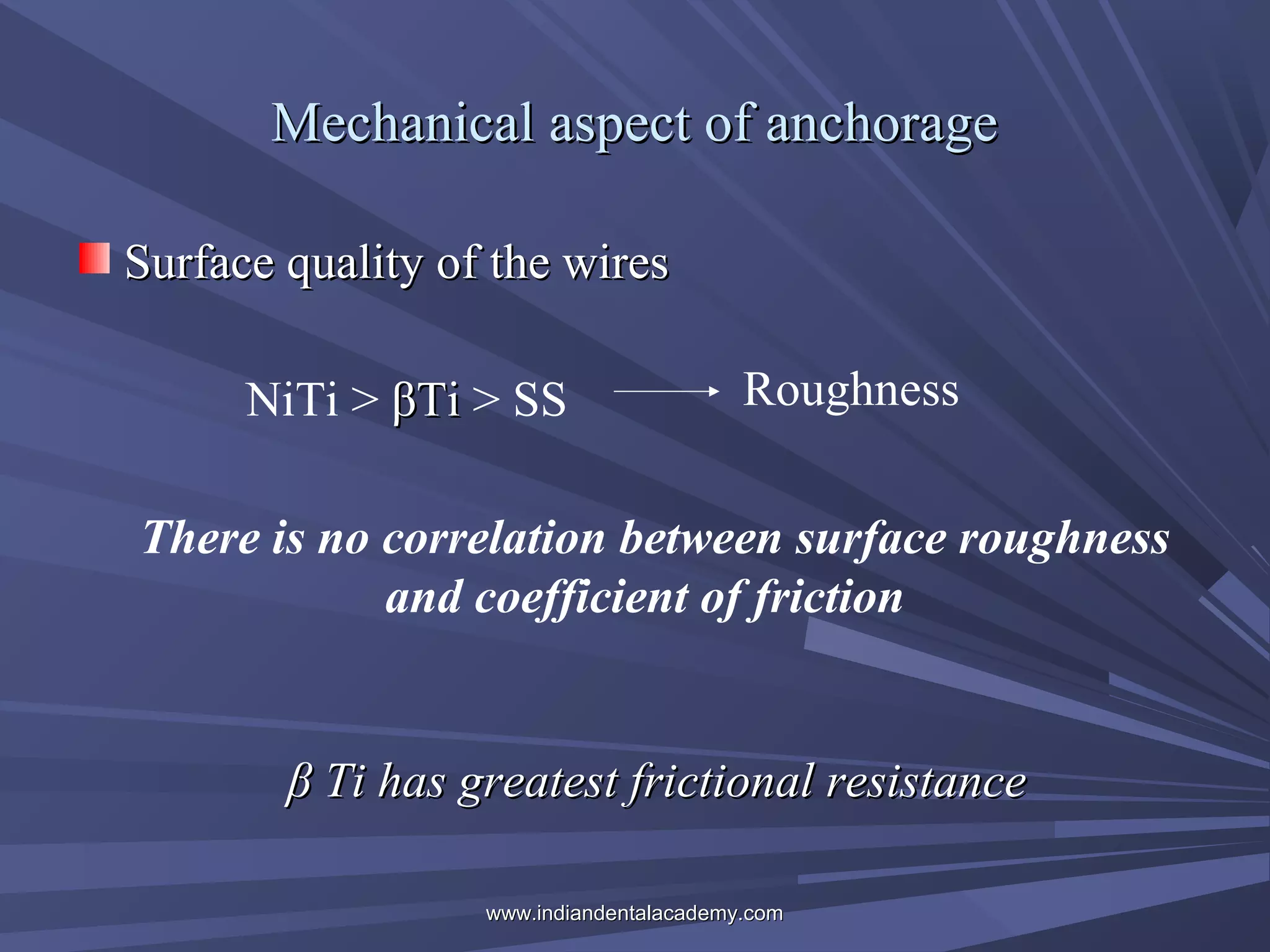 Mechanical aspect of anchorage
Surface quality of the wires
NiTi > βTi > SS

Roughness

There is no correlation between surface roughness
and coefficient of friction

β Ti has greatest frictional resistance
www.indiandentalacademy.com

 