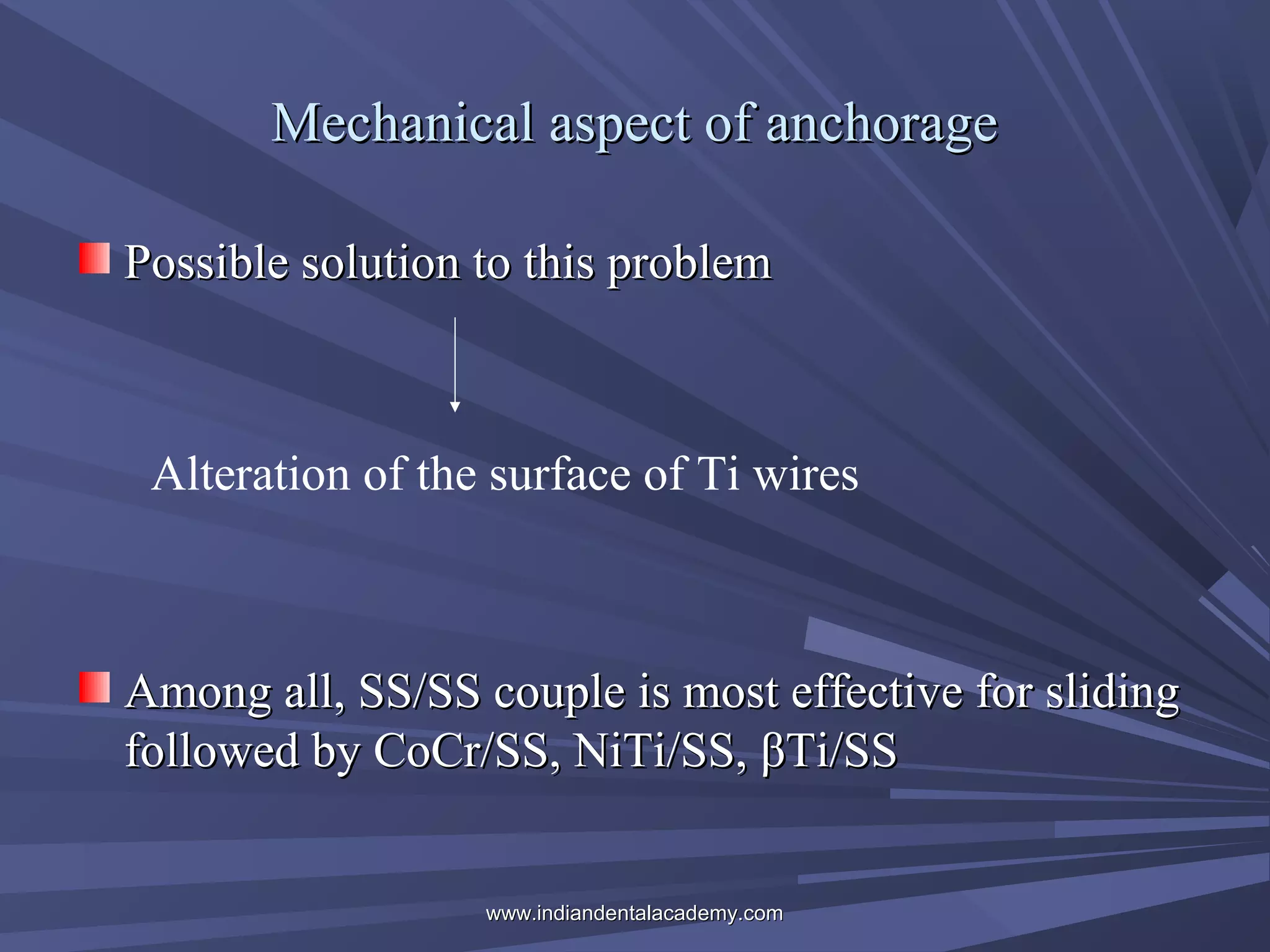 Mechanical aspect of anchorage
Possible solution to this problem

Alteration of the surface of Ti wires

Among all, SS/SS couple is most effective for sliding
followed by CoCr/SS, NiTi/SS, βTi/SS
www.indiandentalacademy.com

 