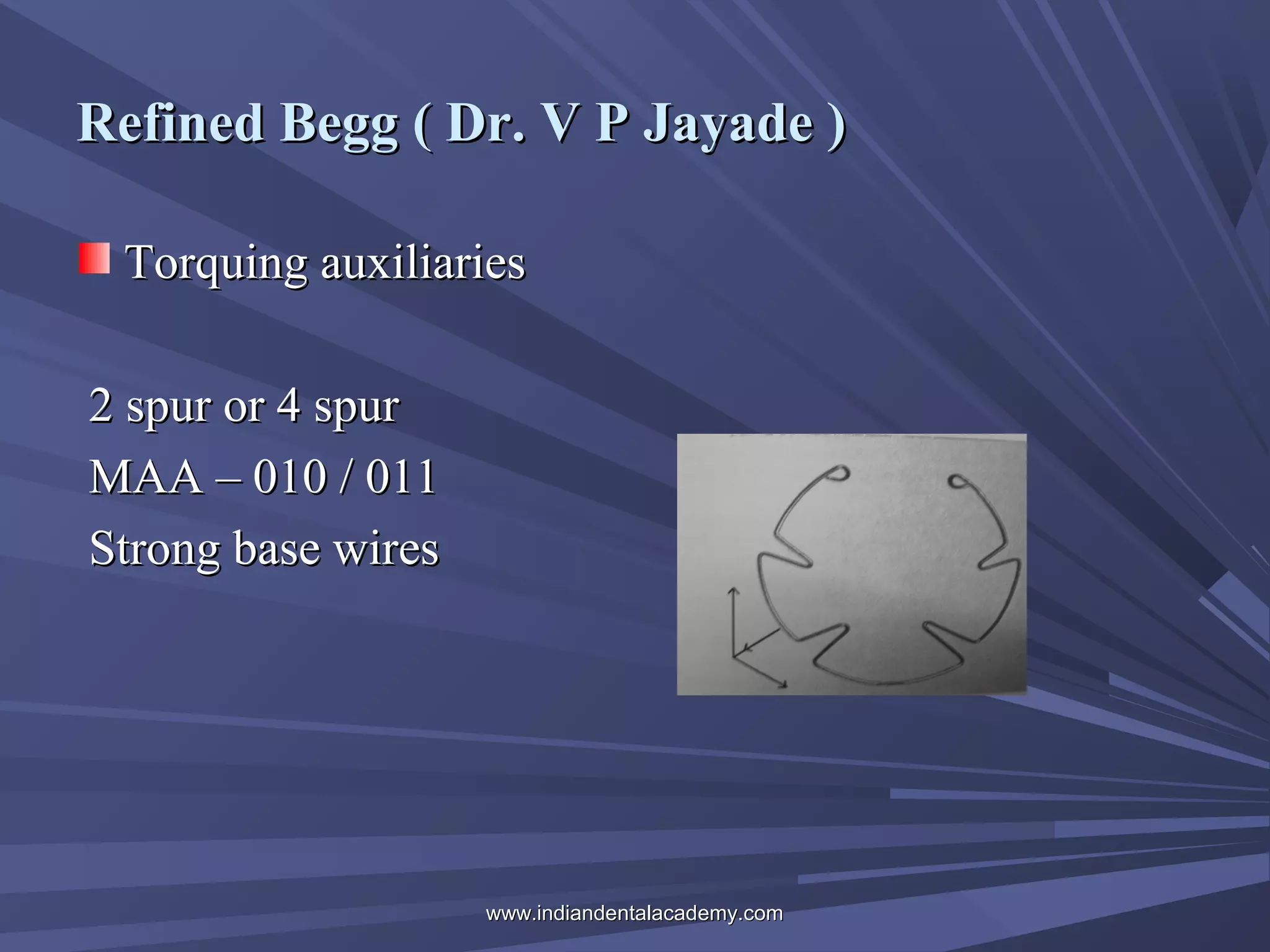 Refined Begg ( Dr. V P Jayade )
Torquing auxiliaries
2 spur or 4 spur
MAA – 010 / 011
Strong base wires

www.indiandentalacademy.com

 