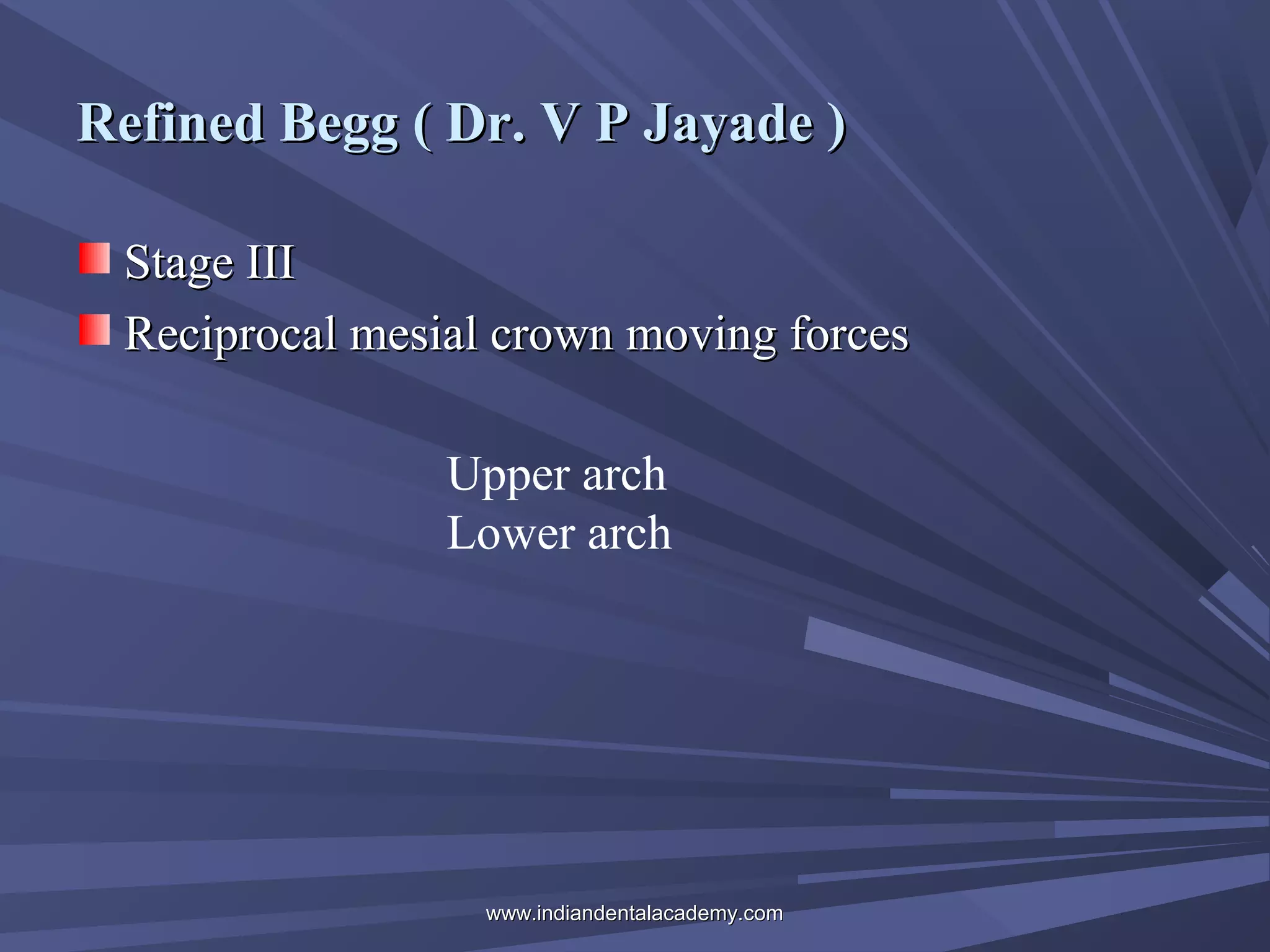 Refined Begg ( Dr. V P Jayade )
Stage III
Reciprocal mesial crown moving forces
Upper arch
Lower arch

www.indiandentalacademy.com

 