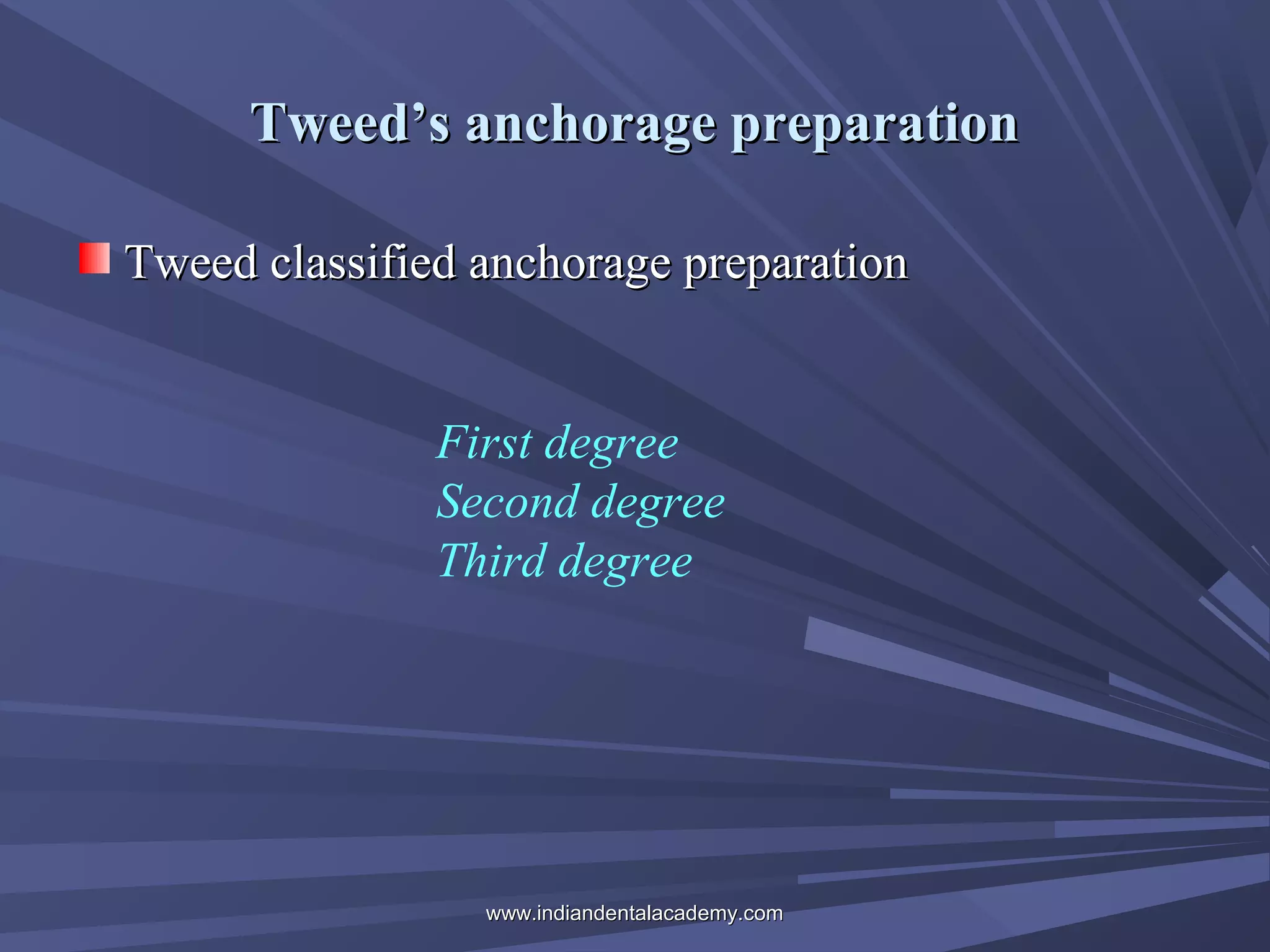 Tweed’s anchorage preparation
Tweed classified anchorage preparation
First degree
Second degree
Third degree

www.indiandentalacademy.com

 
