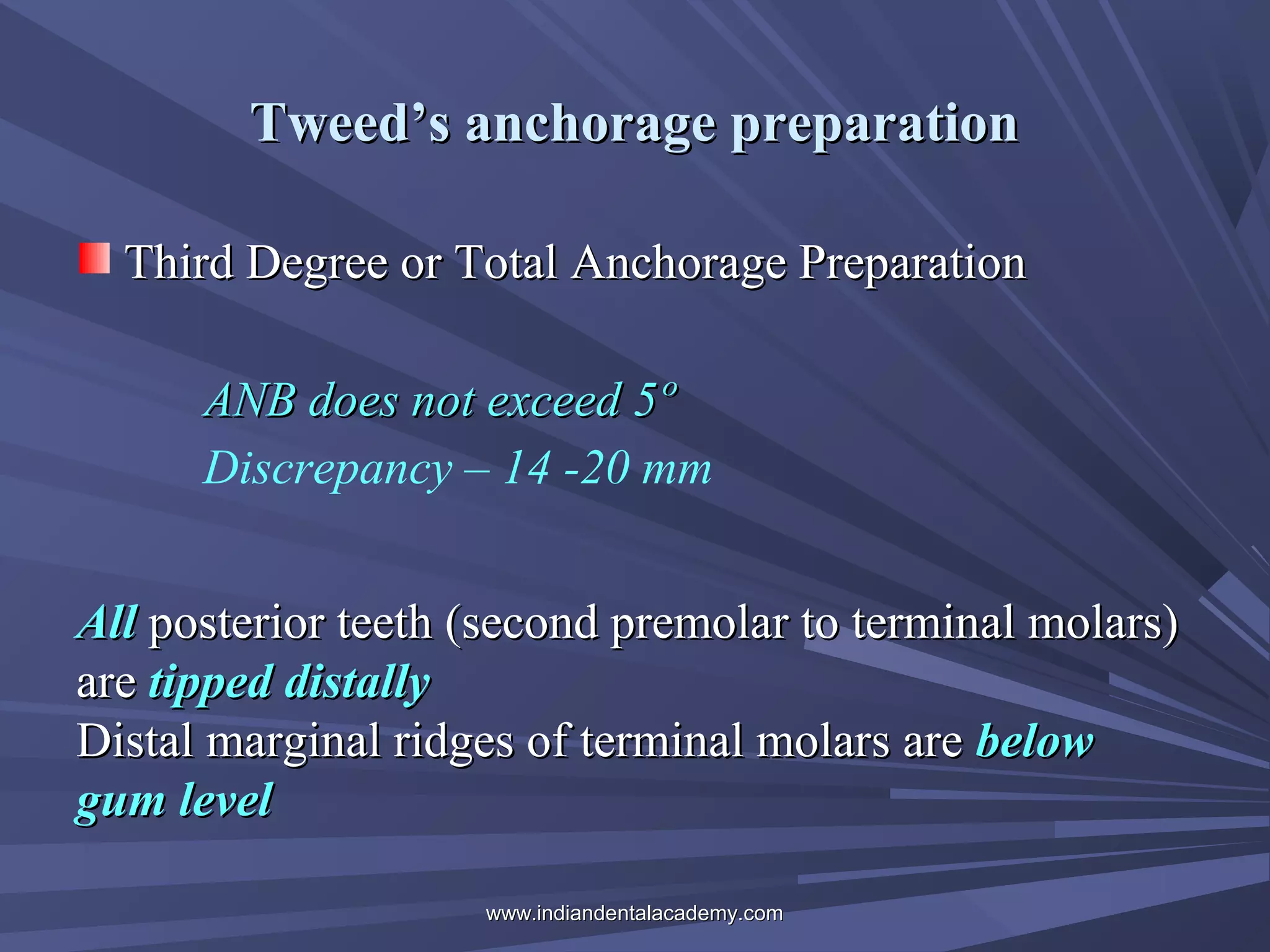 Tweed’s anchorage preparation
Third Degree or Total Anchorage Preparation
ANB does not exceed 5º
Discrepancy – 14 -20 mm
All posterior teeth (second premolar to terminal molars)
are tipped distally
Distal marginal ridges of terminal molars are below
gum level
www.indiandentalacademy.com

 