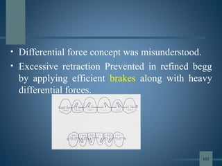 • Differential force concept was misunderstood.
• Excessive retraction Prevented in refined begg
by applying efficient brakes along with heavy
differential forces.
103
 
