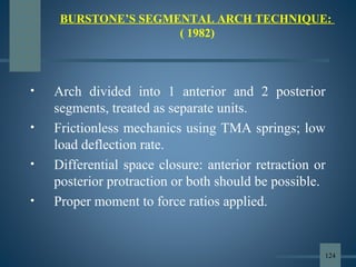 • Arch divided into 1 anterior and 2 posterior
segments, treated as separate units.
• Frictionless mechanics using TMA springs; low
load deflection rate.
• Differential space closure: anterior retraction or
posterior protraction or both should be possible.
• Proper moment to force ratios applied.
BURSTONE’S SEGMENTAL ARCH TECHNIQUE:
( 1982)
124
 
