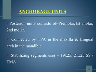 ANCHORAGE UNITS
Posterior units consists of–Premolar,1st molar,
2nd molar.
 Connected by TPA in the maxilla & Lingual
arch in the mandible.
 Stabilizing segments uses – 19x25, 21x25 SS /
TMA
125
 
