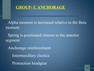 GROUP- C ANCHORAGE
• Alpha moment is increased relative to the Beta
moment.
• Spring is positioned closure to the anterior
segment.
• Anchorage reinforcement
• Intermaxillary elastics
• Protraction headgear
128
 