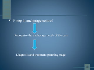  1st
step in anchorage control
Recognize the anchorage needs of the case
Diagnosis and treatment planning stage
138
 