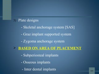 3) Plate designs
- Skeletal anchorage system [SAS]
- Graz implant supported system
- Zygoma anchorage system
 BASED ON AREA OF PLACEMENT
- Subperiosteal implants
- Osseous implants
- Inter dental implants 165
 