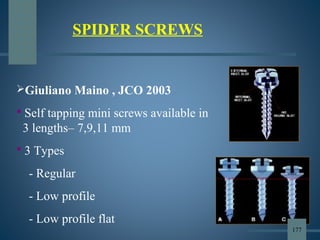 Giuliano Maino , JCO 2003
 Self tapping mini screws available in
3 lengths– 7,9,11 mm
 3 Types
- Regular
- Low profile
- Low profile flat
SPIDER SCREWS
177
 