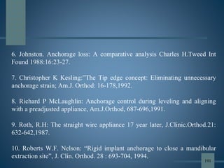 6. Johnston. Anchorage loss: A comparative analysis Charles H.Tweed Int
Found 1988:16:23-27.
7. Christopher K Kesling:”The Tip edge concept: Eliminating unnecessary
anchorage strain; Am.J. Orthod: 16-178,1992.
8. Richard P McLaughlin: Anchorage control during leveling and aligning
with a preadjusted appliance, Am.J.Orthod, 687-696,1991.
9. Roth, R.H: The straight wire appliance 17 year later, J.Clinic.Orthod.21:
632-642,1987.
10. Roberts W.F. Nelson: “Rigid implant anchorage to close a mandibular
extraction site”, J. Clin. Orthod. 28 : 693-704, 1994.
191
 