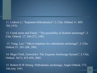 11. Linkow L: “Implanto-Orhtodontics”; J. Clin. Orthod. 4 : 685-
705,1970.
12. Creek more and Eland, “ The possibility of skeletal anchorage”, J.
Clin. Orhtod. 17: 266-271, 1983.
13. Yung, Lee: “ Micro-implants for orthodontic anchorage”, J. Clin.
Orthod.31: 201-204, 2001.
14. Hugo Clerk, Geernickx: The Zygoma Anchorage System”, J. Clin.
Orthod. 36(7), 455-458, 2002.
15. Robert H.W.Strang :Orthodontic anchorage; Angle Orthod, 173-
186,July 1941. 192
 
